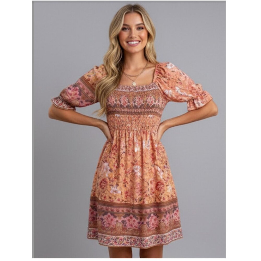 Boho Floral Print Ruffle Sleeve Dress
